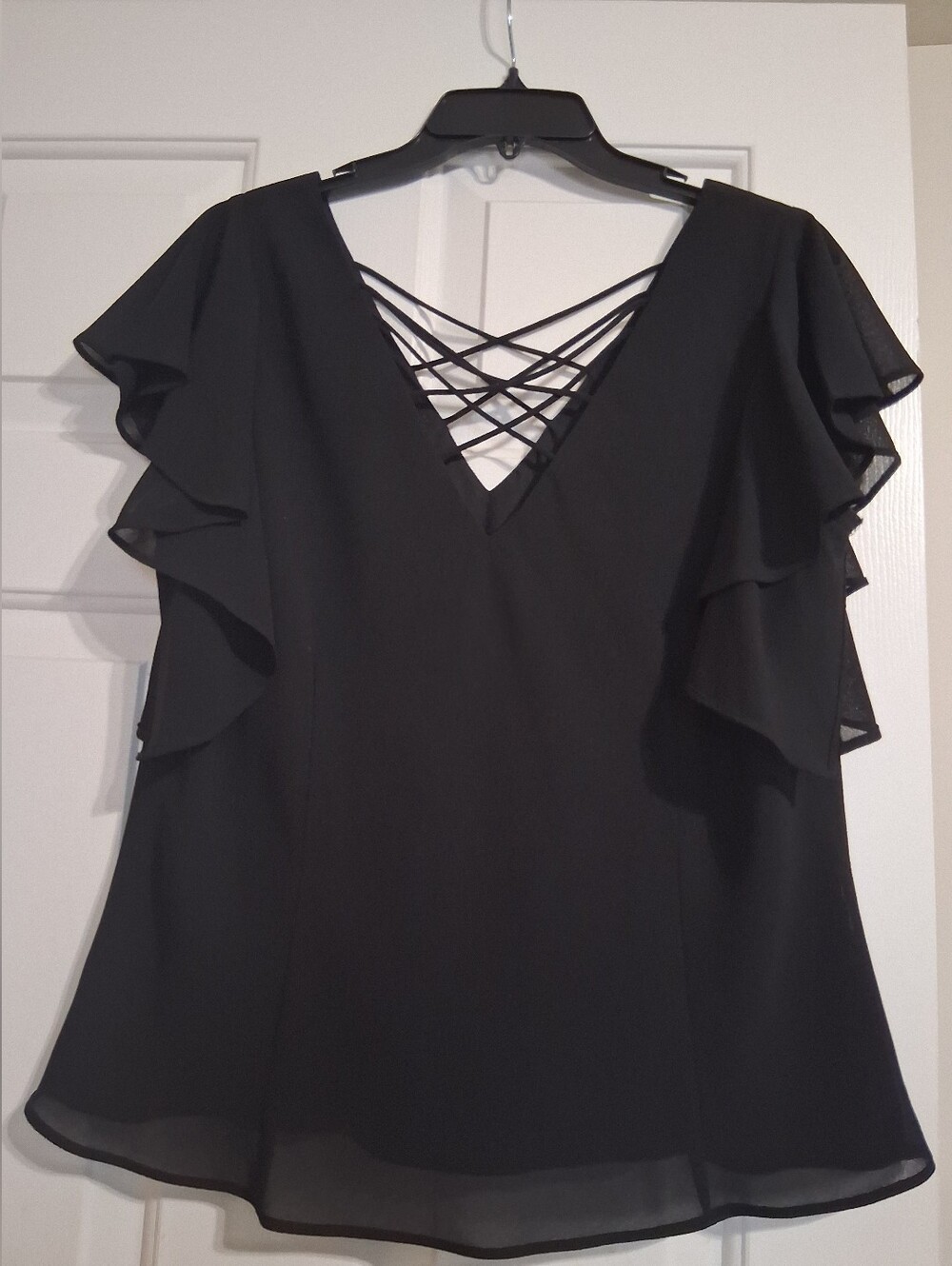 Studio I Black V-Neck Blouse with Crisscross Detail